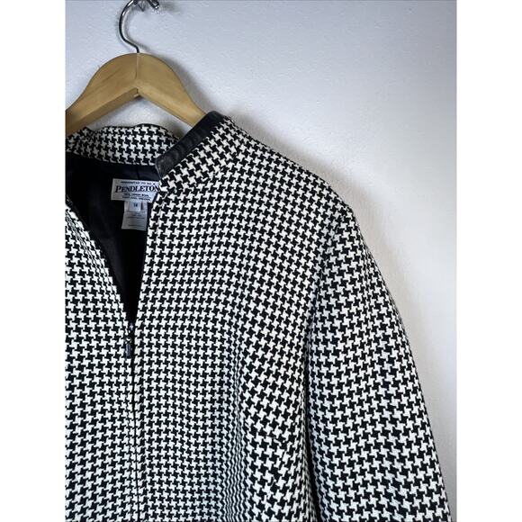 Pendleton Women's Vintage Houndstooth leather trim Zip wool Blazer Jacket 14 - Picture 6 of 12